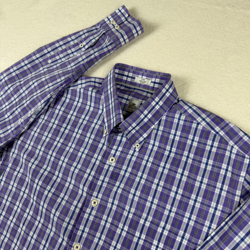 Peter Millar Mens Large Purple Plaid Button Down Shirt MS16W13CBL Cotton L/S